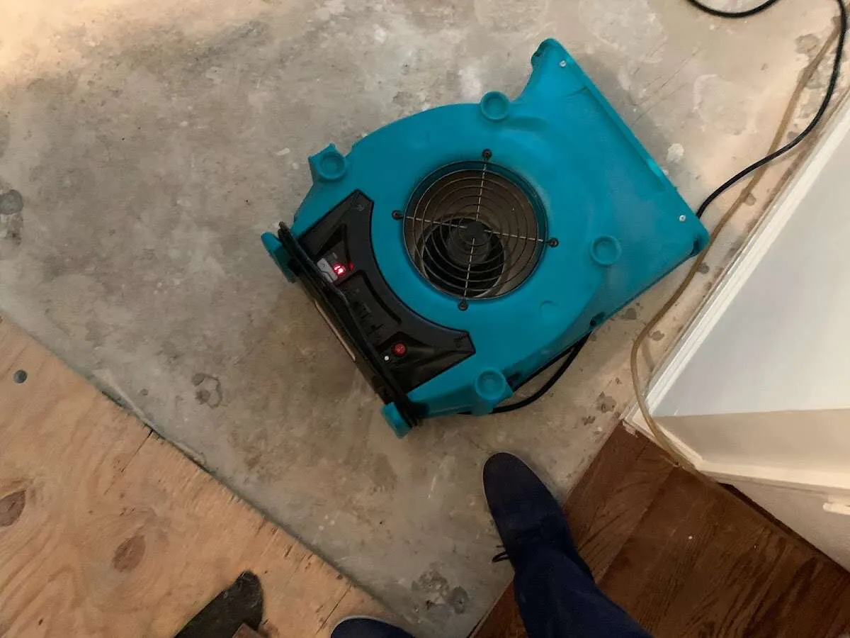 Air mover drying subfloor during Leak Detection & Repair in Lorain